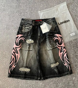 FlameShorts™ – Rhinestone Baggy Shorts (Y2K Flame Street Look)