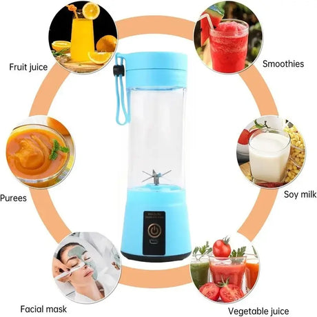 380ml Mini Electric Juicer in blue for smoothies, fruit juice, purees, and more, showcasing versatility in food and skincare.
