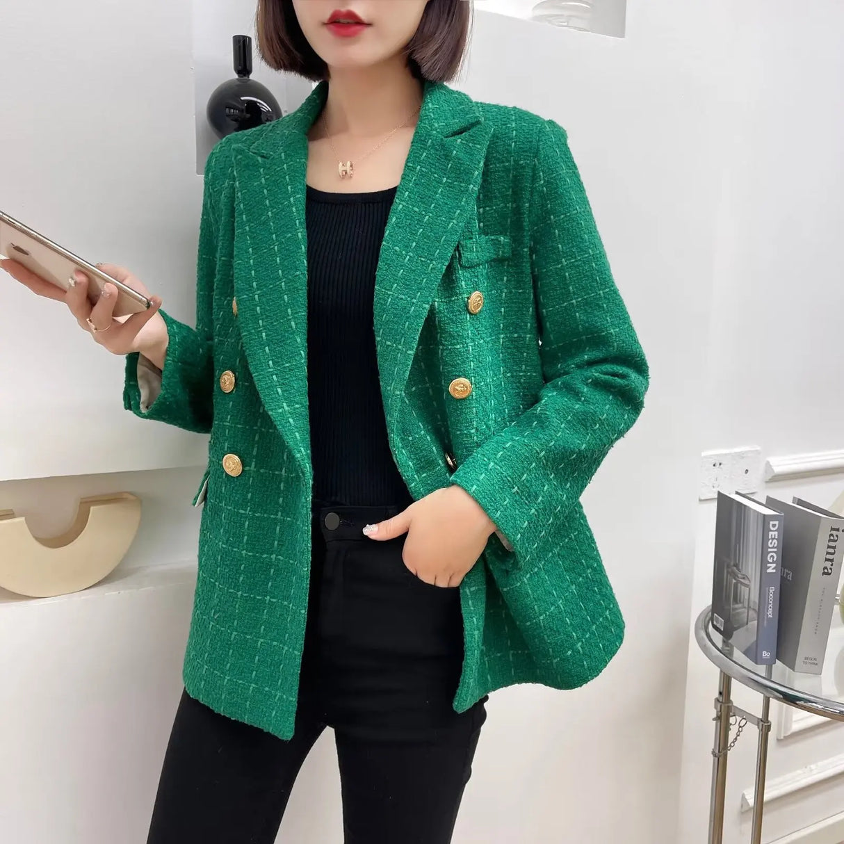 Plaidure™ – Double-Breasted Blazer (Vintage Long Sleeve with Smart Pocket Style)