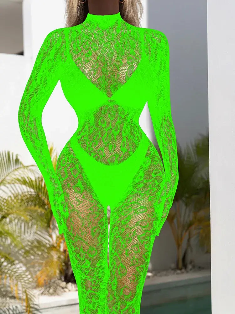 Women Lace Fishnet Long Sleeve Jumpsuit