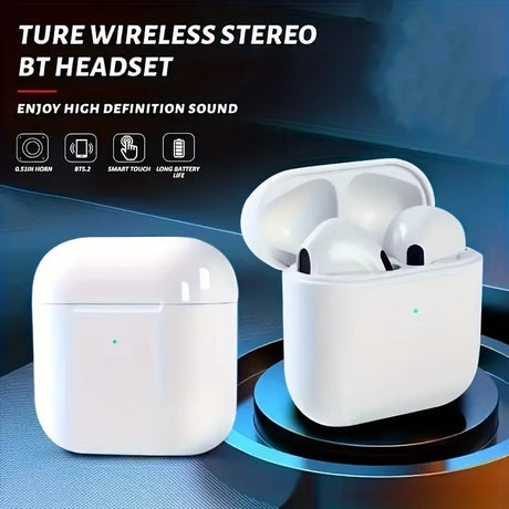 TWS semi-in-ear wireless headphones with a charging case, featuring high-definition sound and Bluetooth 5.3 connectivity.