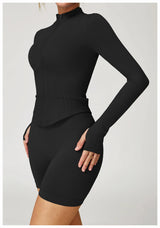 Ribbed Women's Yoga Jacket – Long Sleeve Standing Collar Fitness Top