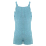 Back view of a sleeveless ribbed maternity jumpsuit in blue, made of cotton and spandex, ideal for summer wear.