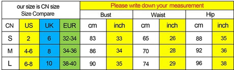 Size chart for women's clothing: CN sizes compared to US, UK, and EUR with measurements for bust, waist, and hip.