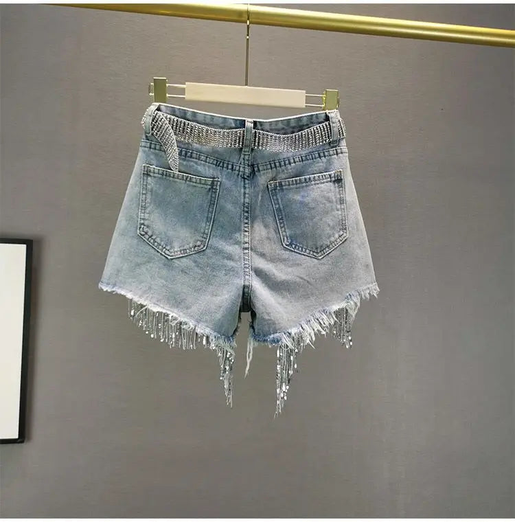 GlamBeads™ – Beaded Sequin Denim Shorts (Fringed, Broken Copper Style)