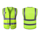 Unisex multi-pocket safety vest in bright yellow, featuring reflective stripes and breathable material for workwear.