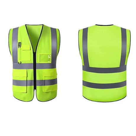 Unisex multi-pocket safety vest in bright yellow, featuring reflective stripes and breathable material for workwear.