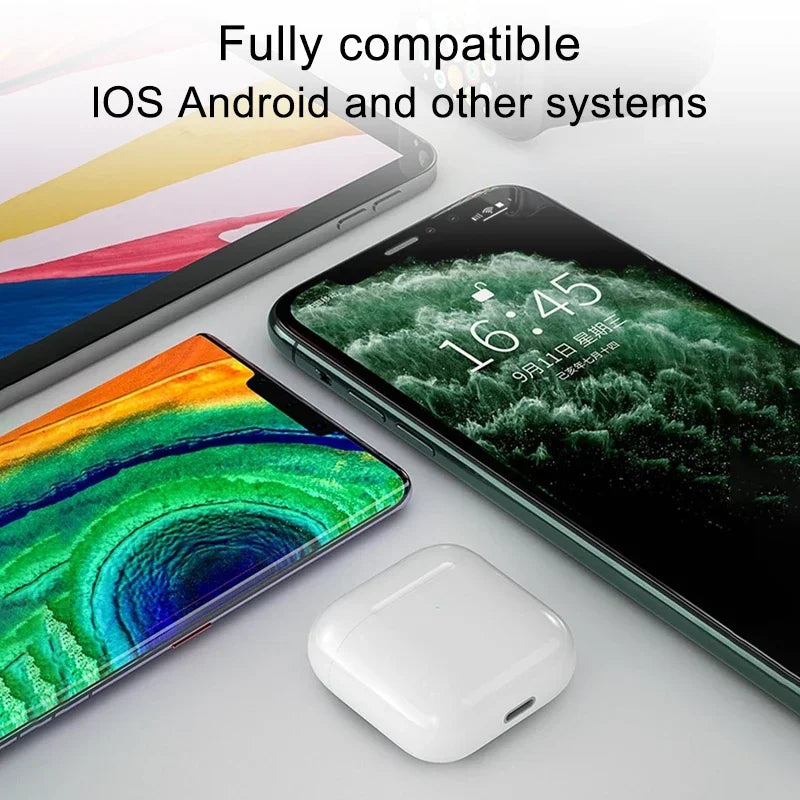 TWS headphones on a table with iOS and Android devices, showcasing compatibility with multiple systems.