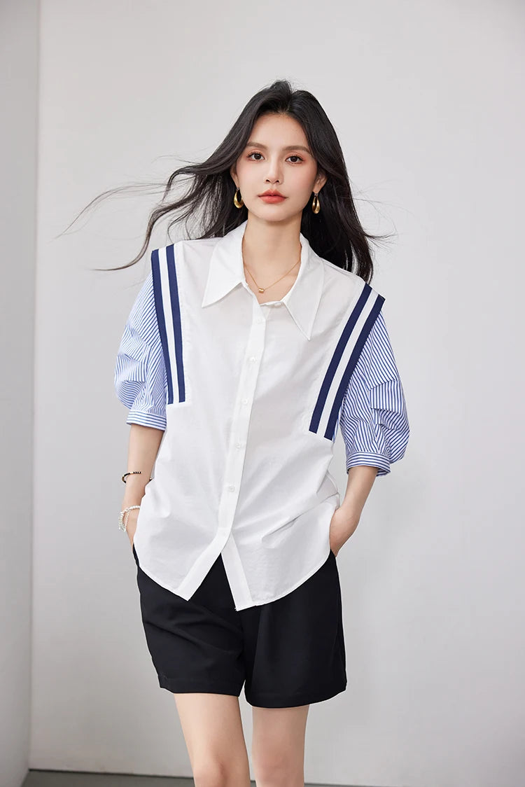 StripeMuse™ Colorblock Chiffon Shirt for women, featuring a loose fit, turn-down collar, and stylish striped sleeves.