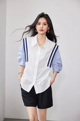 StripeMuse™ Colorblock Chiffon Shirt for women, featuring a loose fit, turn-down collar, and stylish striped sleeves.