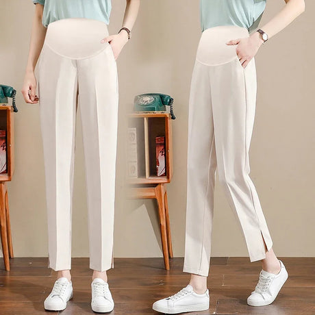 Formal black maternity pants, stylish summer work wear, suitable for all seasons with a straight fit and pockets.