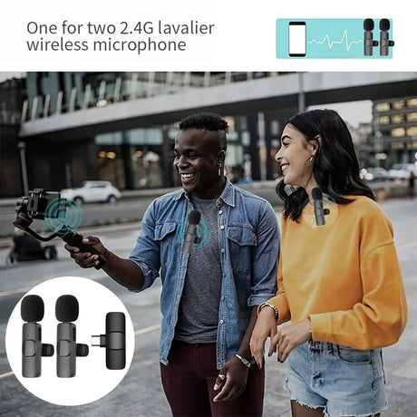 Two people using a wireless lavalier microphone for streaming in an urban setting, showcasing functionality and design.