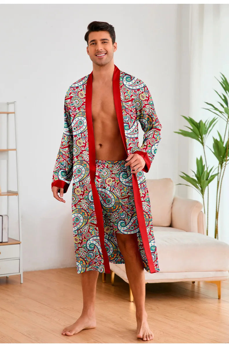 Men’s Leopard Satin Bathrobe Set