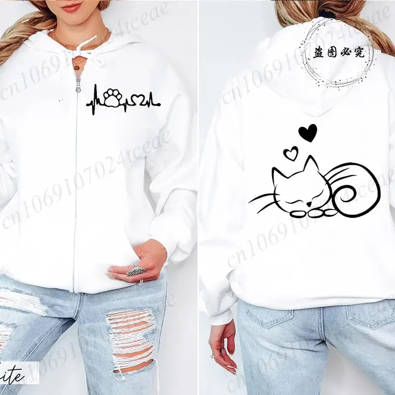 Women Cat Print Zip Hoodie Jacket Streetwear Coat