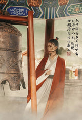 Swordsman Hanfu Costume inspired by Tang Dynasty, featuring a wine-red robe and traditional design in scenic setting.