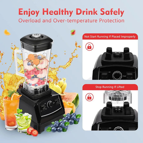 Countertop smoothie blender with safety features, blending fruits and drinks, showcasing overload protection.