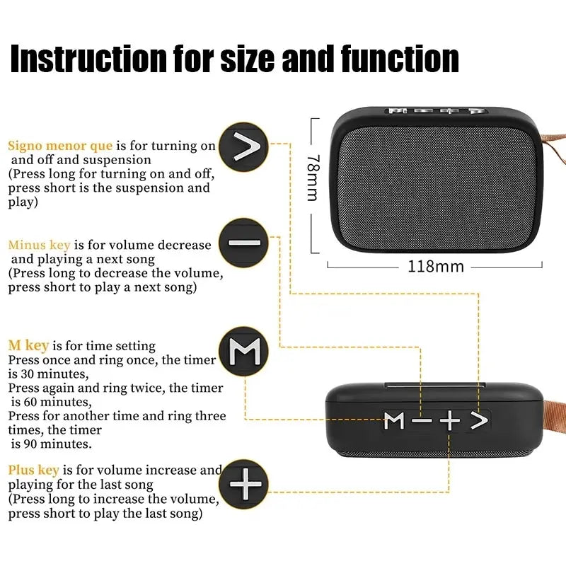 Instruction guide for Portable Outdoor Bluetooth 5.0 Mini Speakers, detailing size and function of buttons.