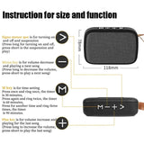 Instruction guide for Portable Outdoor Bluetooth 5.0 Mini Speakers, detailing size and function of buttons.