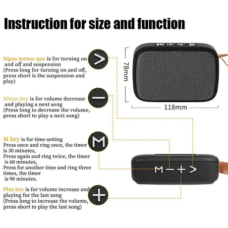 Instruction guide for Portable Outdoor Bluetooth 5.0 Mini Speakers, detailing size and function of buttons.