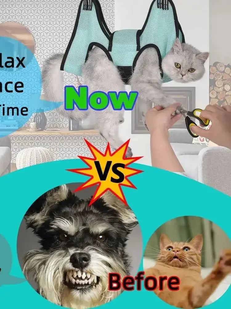 TONG Pet Cat Grooming Hammock showing a relaxed cat versus a stressed pet grooming experience for claw care.