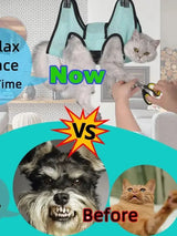 TONG Pet Cat Grooming Hammock showing a relaxed cat versus a stressed pet grooming experience for claw care.