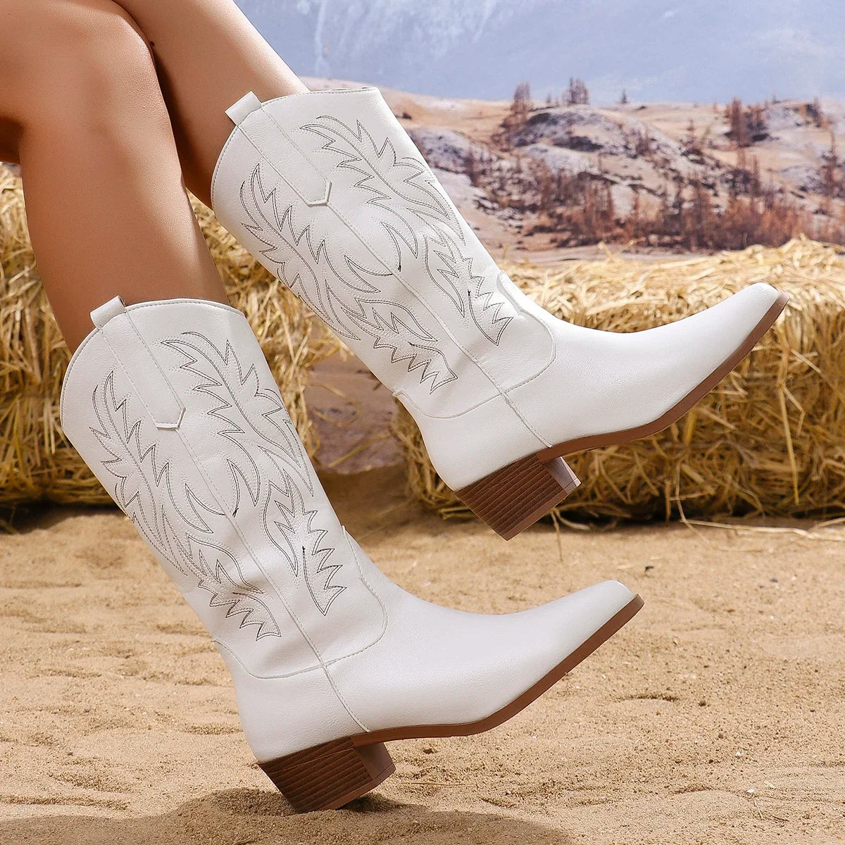 Women Mid Calf Boots Pointed Toe Fur Heels