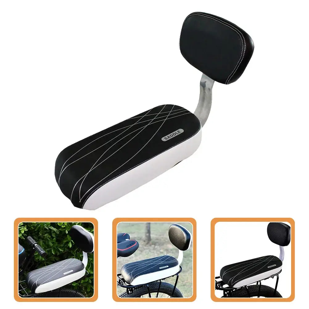 Black bike children's safety saddle with removable backrest for convenient seating.