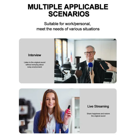 Multiple scenarios showcasing a wireless lavalier microphone for interviews and live streaming.