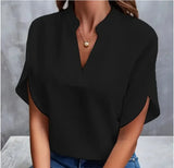 Women Solid V-Neck Short Sleeve Blouse