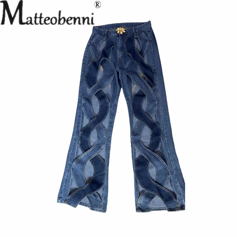 Women Hollow Out Stripe High Waist Jeans