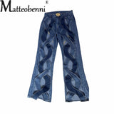 Women Hollow Out Stripe High Waist Jeans