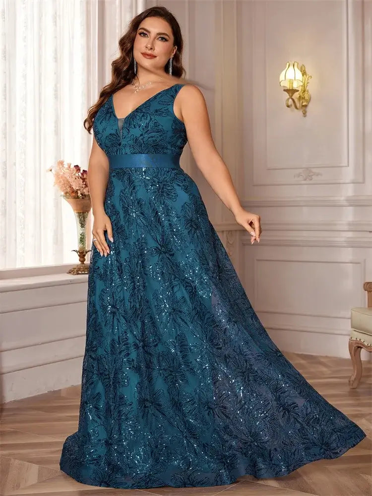 Women Plus Size V-Back Sequin Evening Cocktail Dress