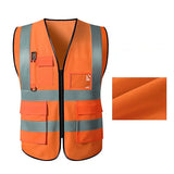 Unisex multi-pocket safety vest in orange with reflective stripes, designed for utility and safety in breathable workwear.