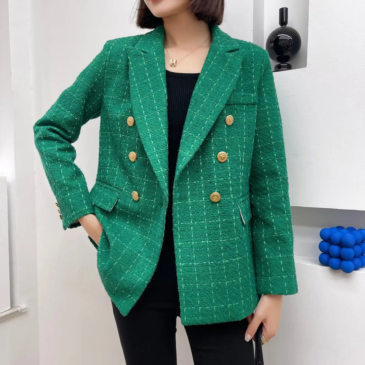 Plaidure™ – Double-Breasted Blazer (Vintage Long Sleeve with Smart Pocket Style)