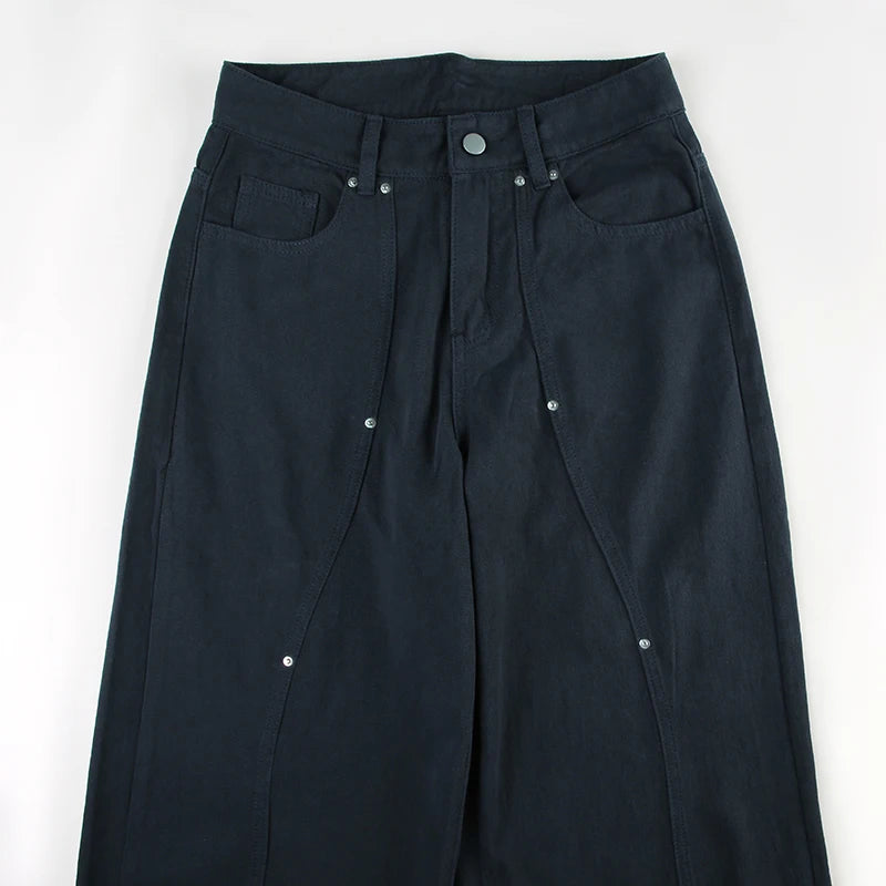 Women Low-Waist Rivet Wide Jeans