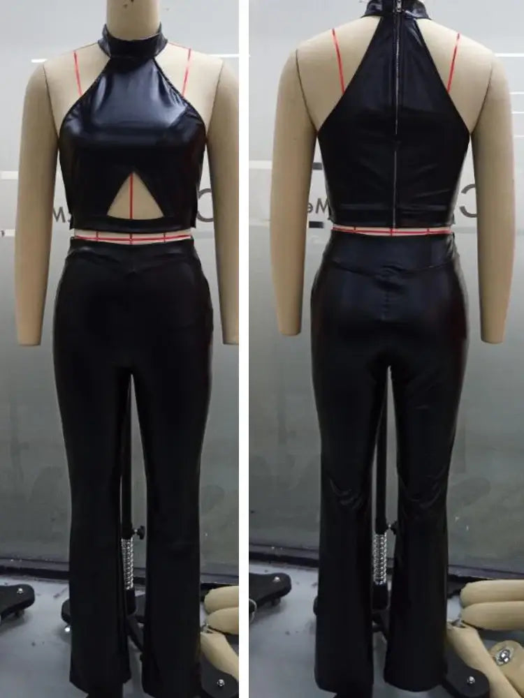 Women PU Leather Crop Top Pants Set
