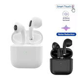 TWS semi-in-ear wireless noise-cancelling headphones in white and black with smart touch controls and 3D stereo surround.