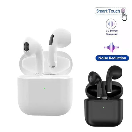 TWS semi-in-ear wireless noise-cancelling headphones in white and black with smart touch controls and 3D stereo surround.