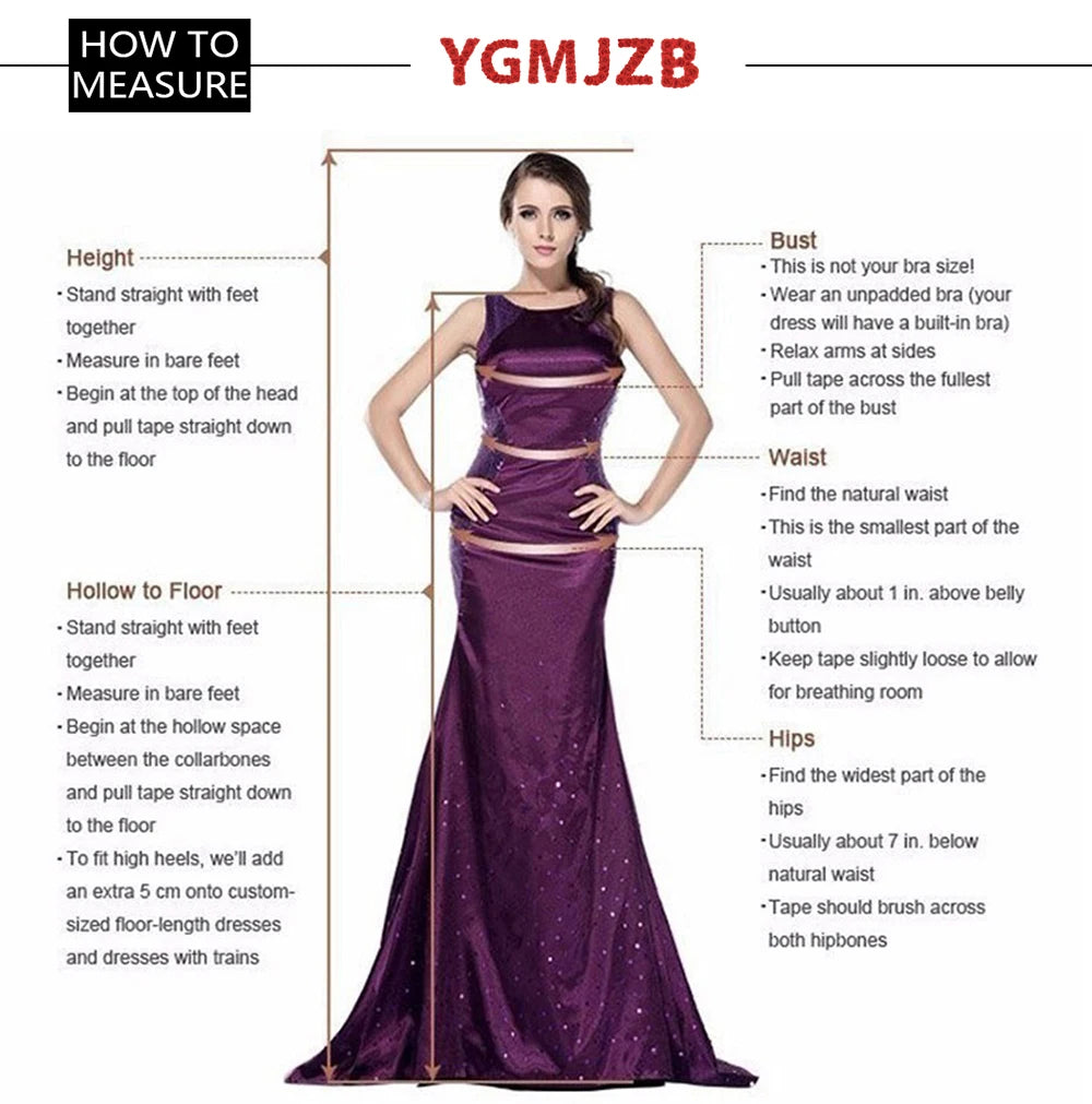 Guide on how to measure for YGMJZ wedding dresses, highlighting bust, waist, hips, height, and hollow to floor measurements.