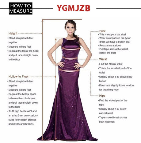 Guide on how to measure for YGMJZ wedding dresses, highlighting bust, waist, hips, height, and hollow to floor measurements.