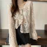 SheerCharm™ see-through lace sun shirt in cream, featuring long sleeves and decorative buttons, perfect for summer style.
