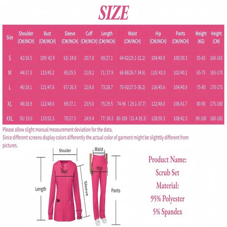 Size chart for women’s jogging style surgery scrubs, showing measurements for small to XXL in pink.