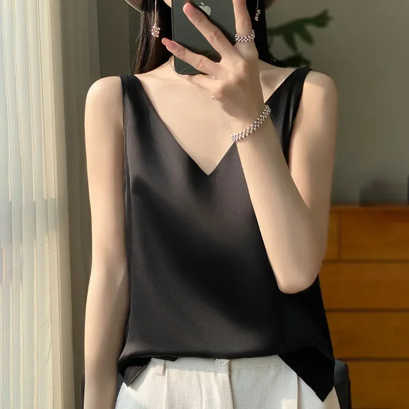 Ice Silk Satin V‑Neck Camisole Crop Top