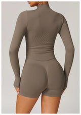 Ribbed Women's Yoga Jacket – Long Sleeve Standing Collar Fitness Top