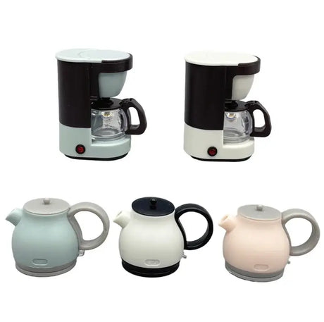 Set of mini home appliances: a coffee maker and four stylish tea kettles in soft colors.