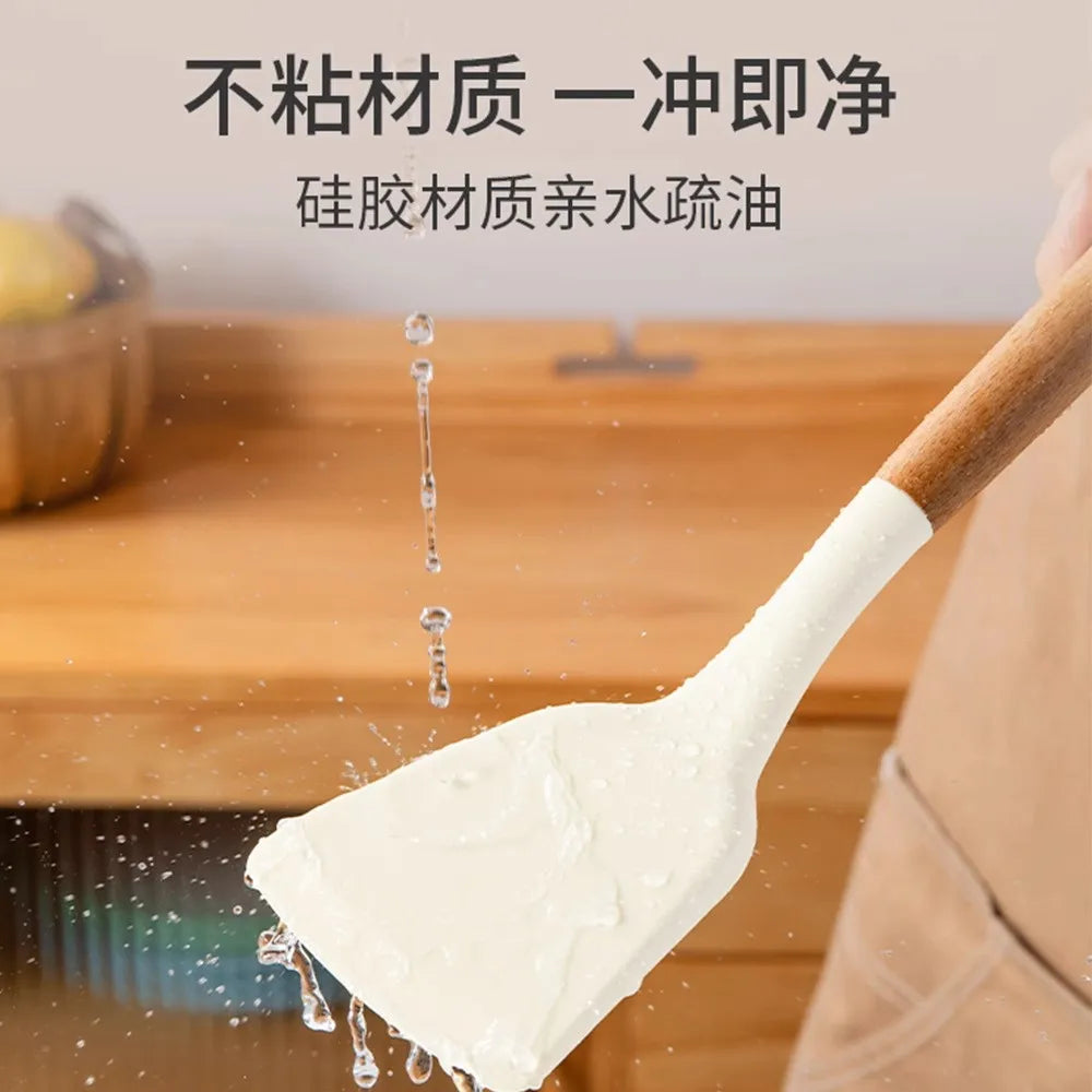 Silicone Cooking Utensil Set with Wooden Handle