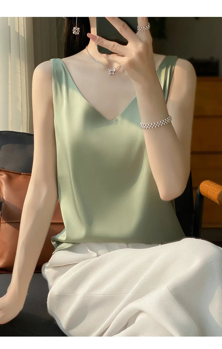 Ice Silk Satin V‑Neck Camisole Crop Top