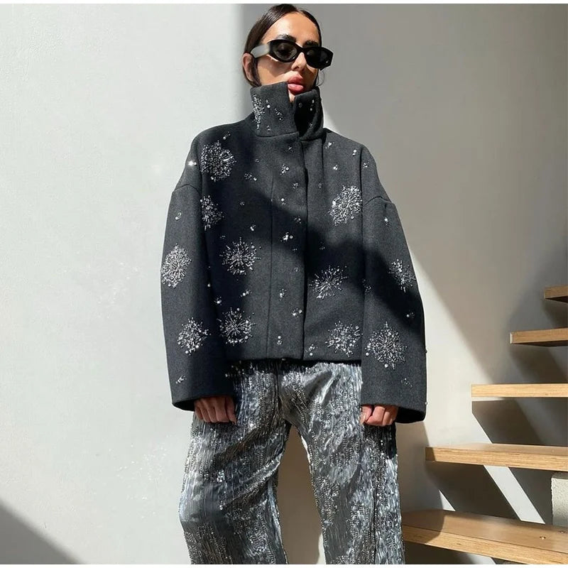 Casual Embroidered Wool Blend Bat Sleeve Coat
