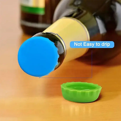 Colorful 6pcs silicone wine bottle caps on a glass bottle, reusable and designed to prevent drips.
