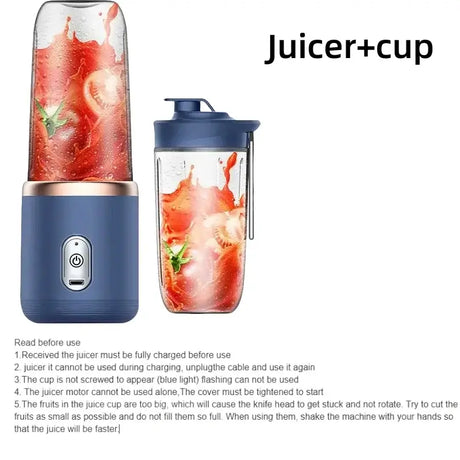 Portable 2 cup fruit juicer blender with a blue design, featuring fruits blended inside the cup.